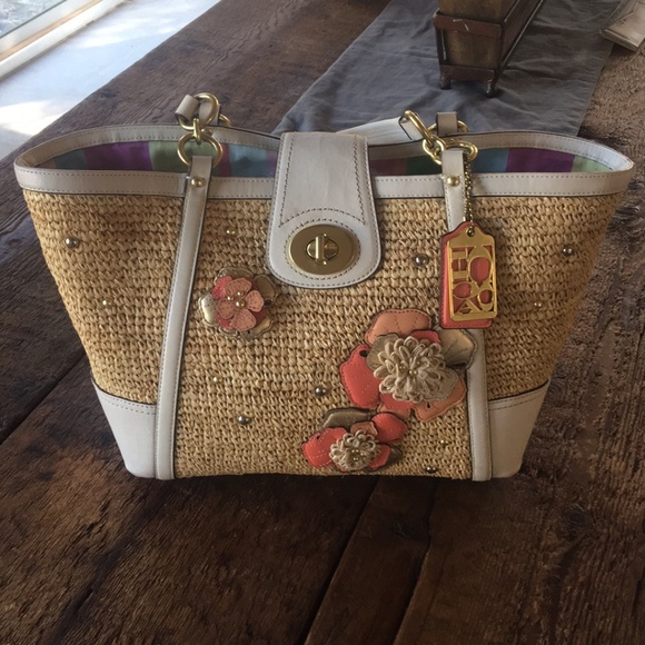 Coach Handbags - Coach floral embellished straw tote